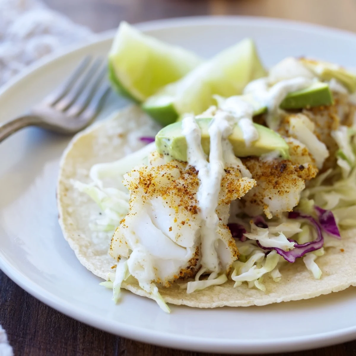 Warm tortillas holding Baked Cod Fish Tacos with Creamy Cilantro Lime Sauce