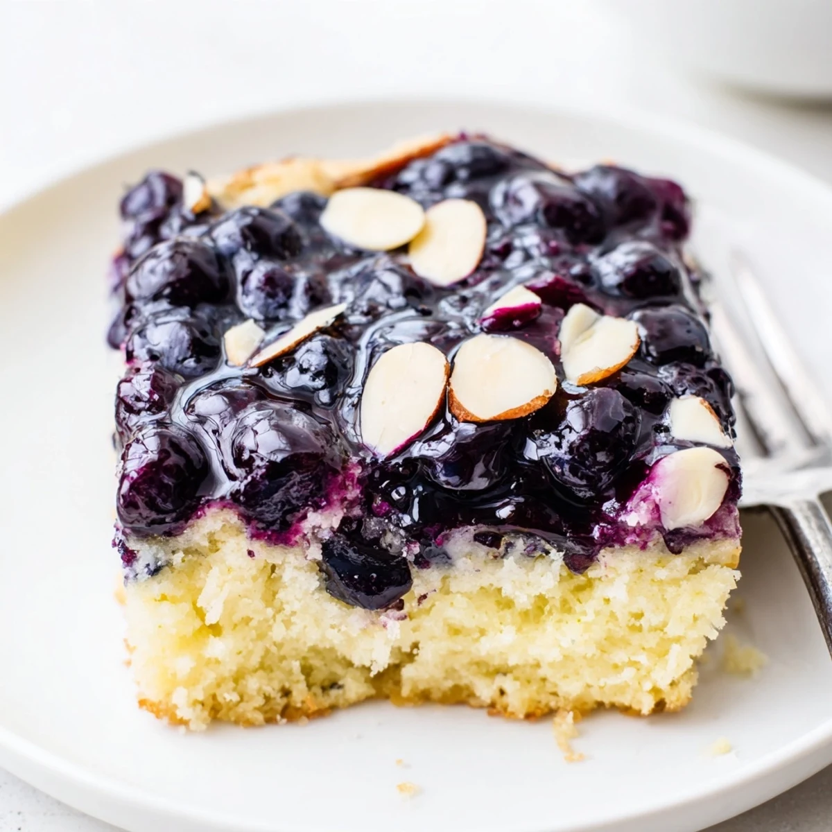 Chilled Lemon Blueberry Poke Cake With Almond Topping dusted with lemon zest