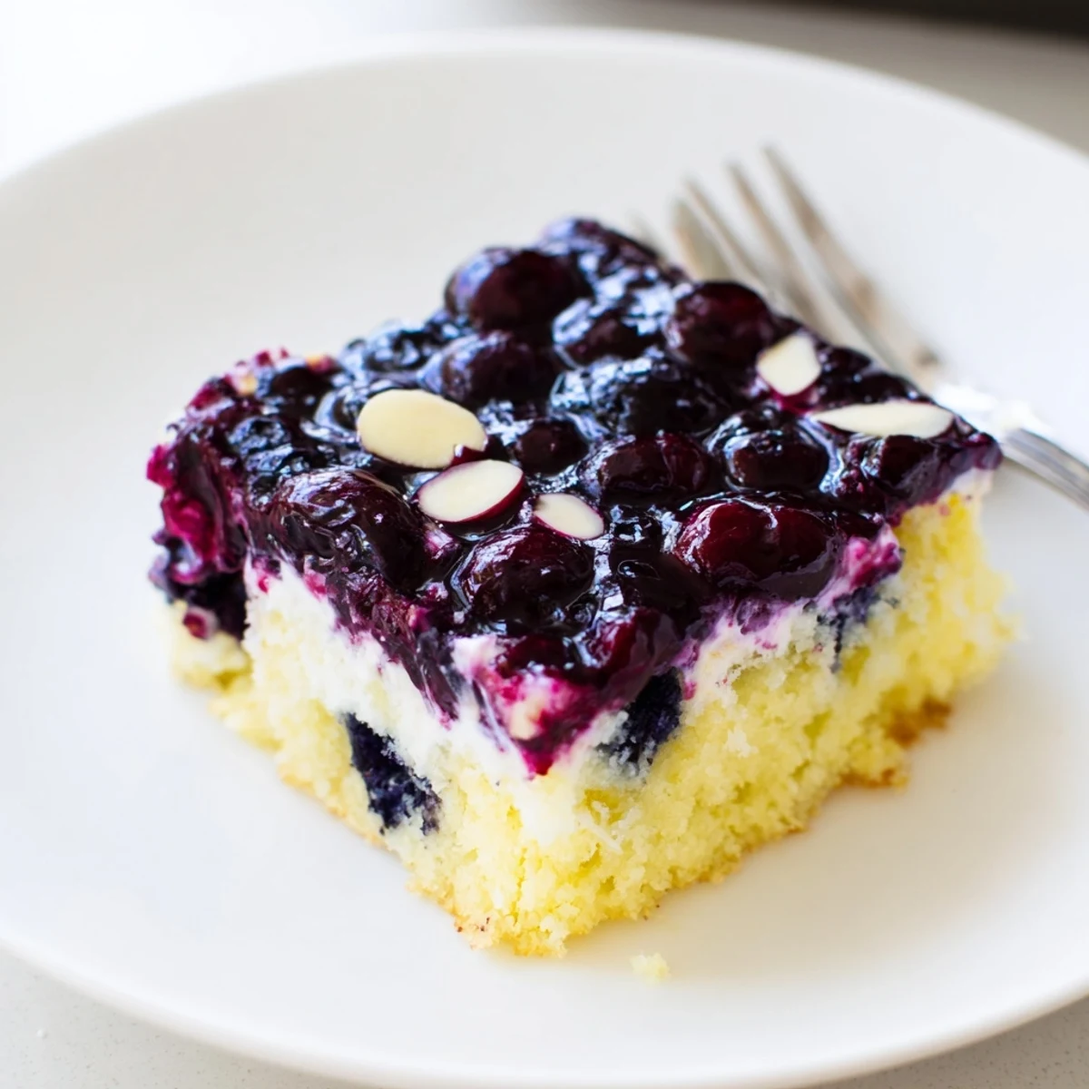 Lemon Blueberry Poke Cake With Almond Topping, moist slice with glossy blueberry pockets