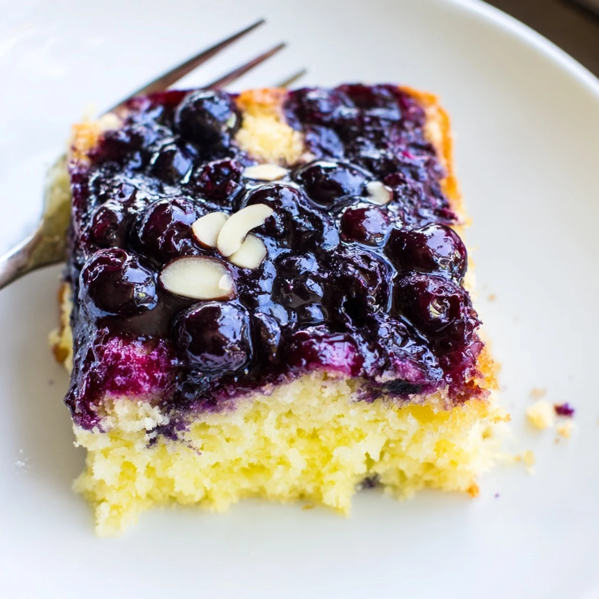 Lemon Blueberry Poke Cake With Almond Topping topped with whipped cream and toasted almonds
