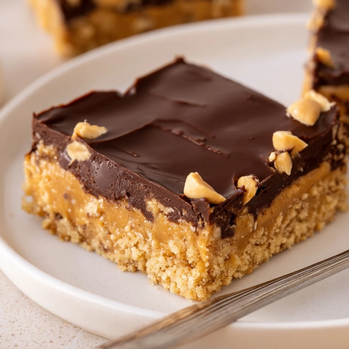 Peanut Butter Bars set on parchment, glossy chocolate top, chilled and cut
