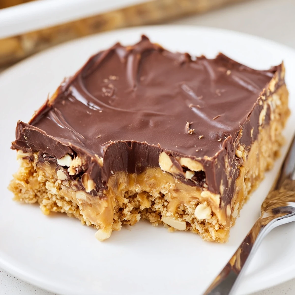 Stacked Peanut Butter Bars on plate, melted chocolate drizzle, perfect picnic treat