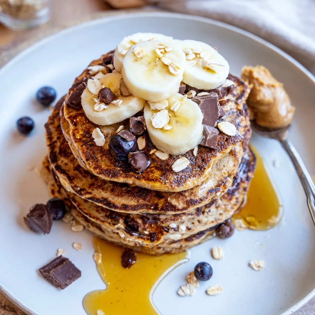 Protein Banana Pancakes stacked, golden edges, sliced bananas and maple drizzle
