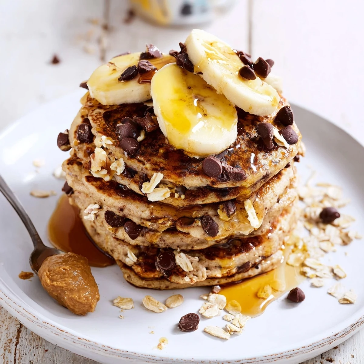 Warm Protein Banana Pancakes on a plate with berries and nut butter