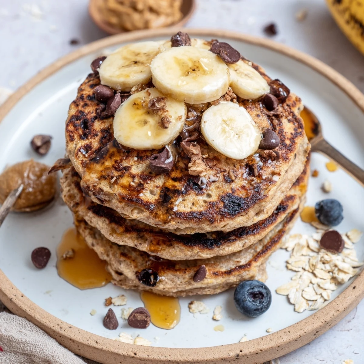 Fluffy Protein Banana Pancakes cooking on griddle, bubbling tops, ready to serve