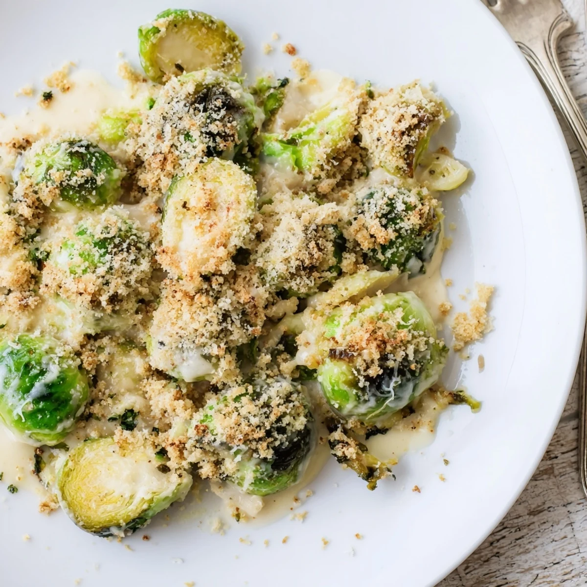 Oven-roasted Creamy Parmesan Brussels Sprouts Casserole with nutty Parmesan and panko topping.