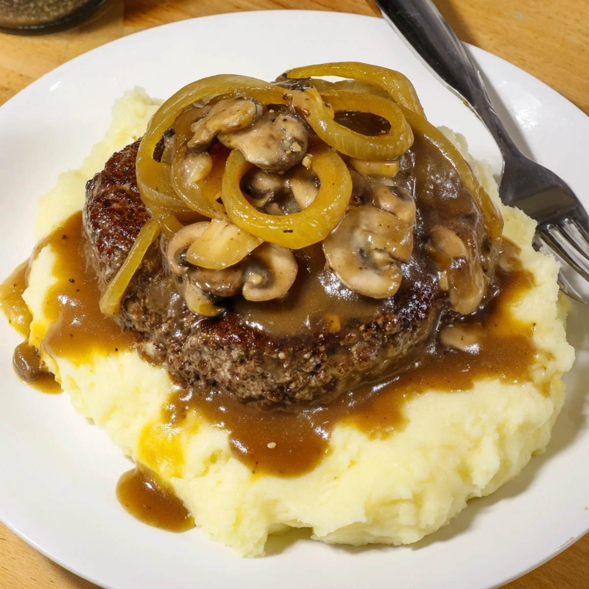 Country Style Smothered Cube Steak Recipe simmering in onion-mushroom gravy over mashed potatoes