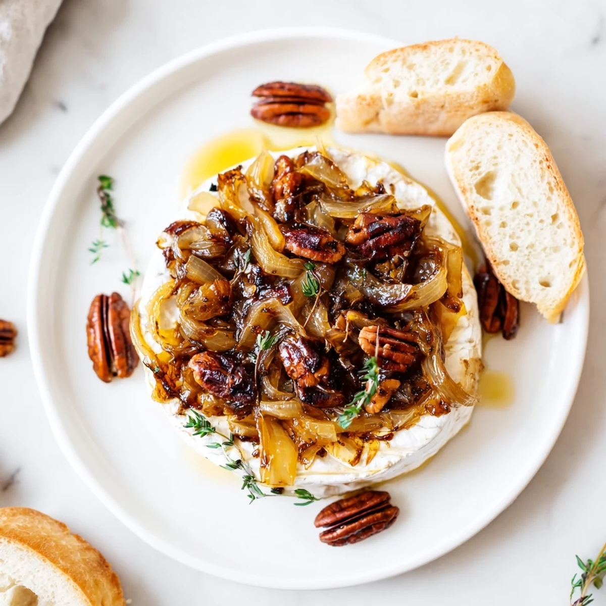 Baked Brie With Caramelized Onions And Pecans, melty wheel topped with golden onions  