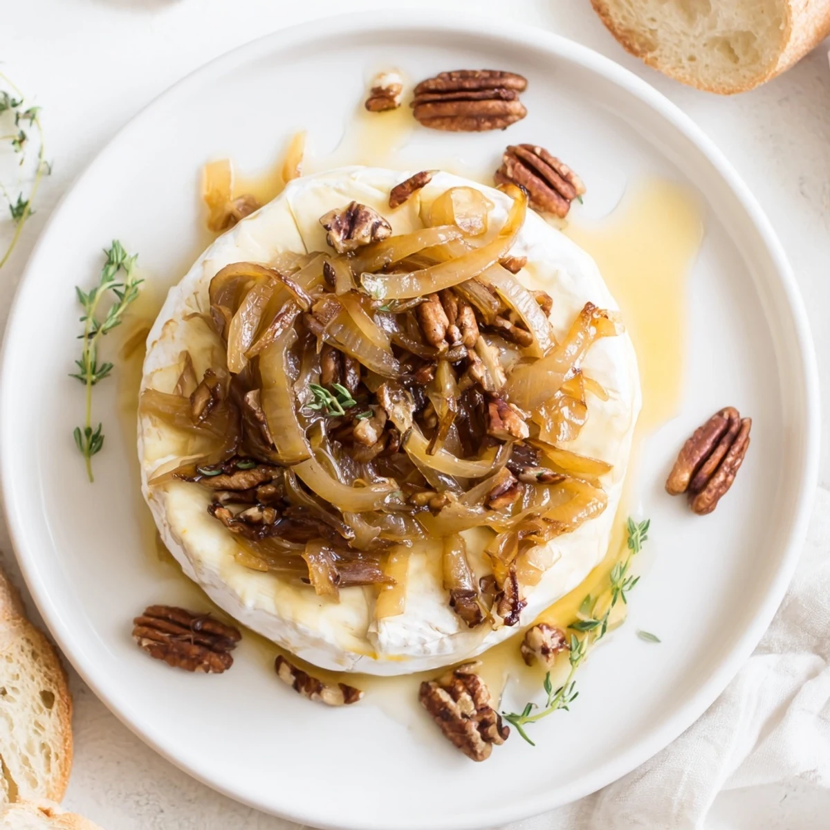 Warm Baked Brie With Caramelized Onions And Pecans, ready for crusty baguette slices  