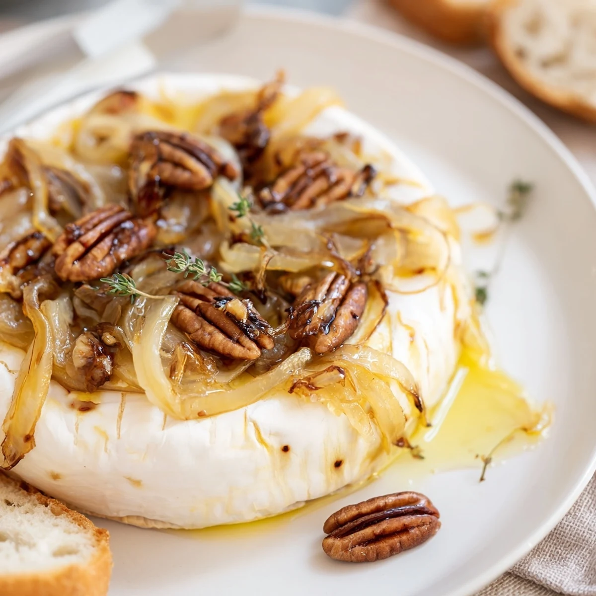 Baked Brie With Caramelized Onions And Pecans, gooey interior, toasted pecans and thyme