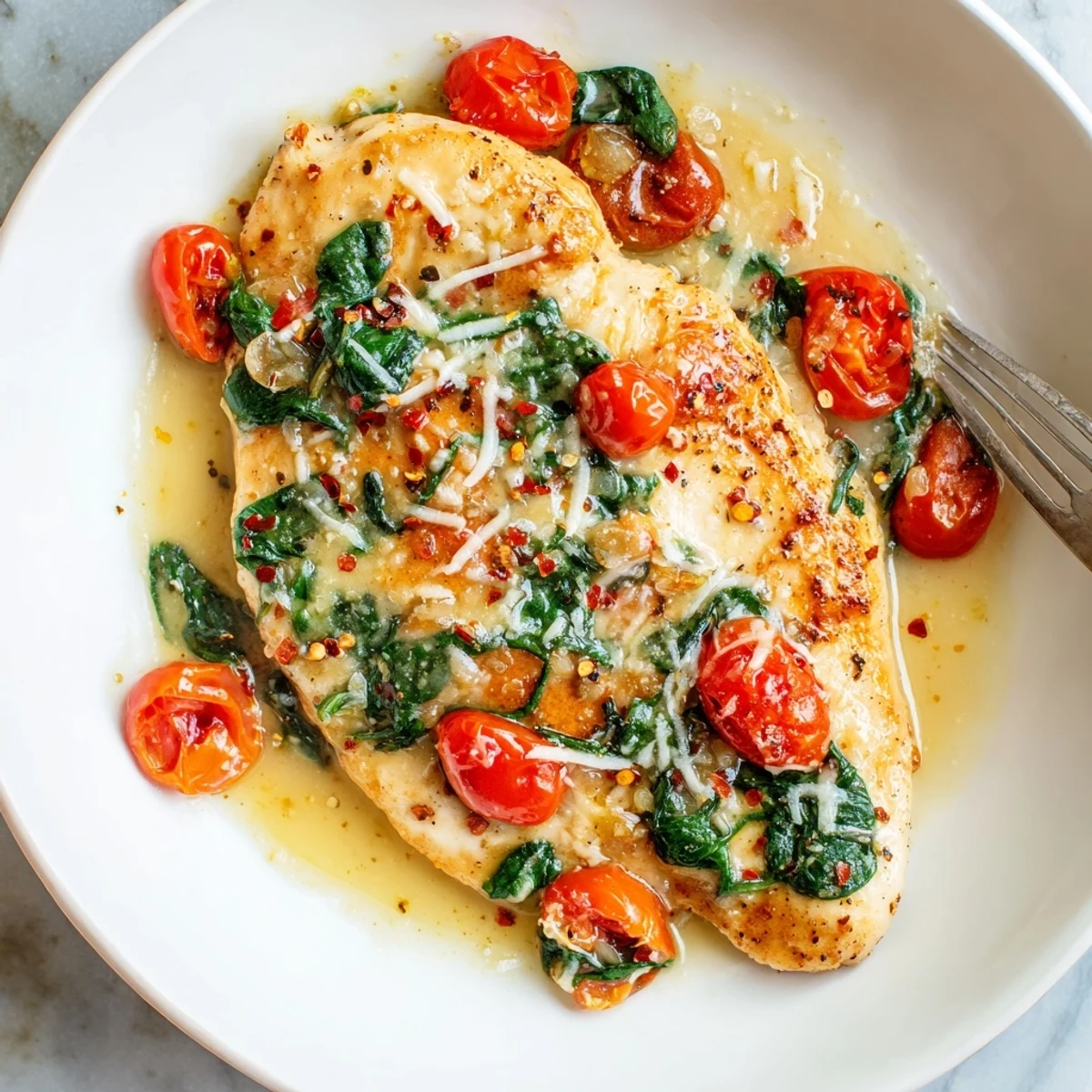 Tomato Spinach White Wine Chicken sizzling in skillet with juicy tomatoes and wilted spinach