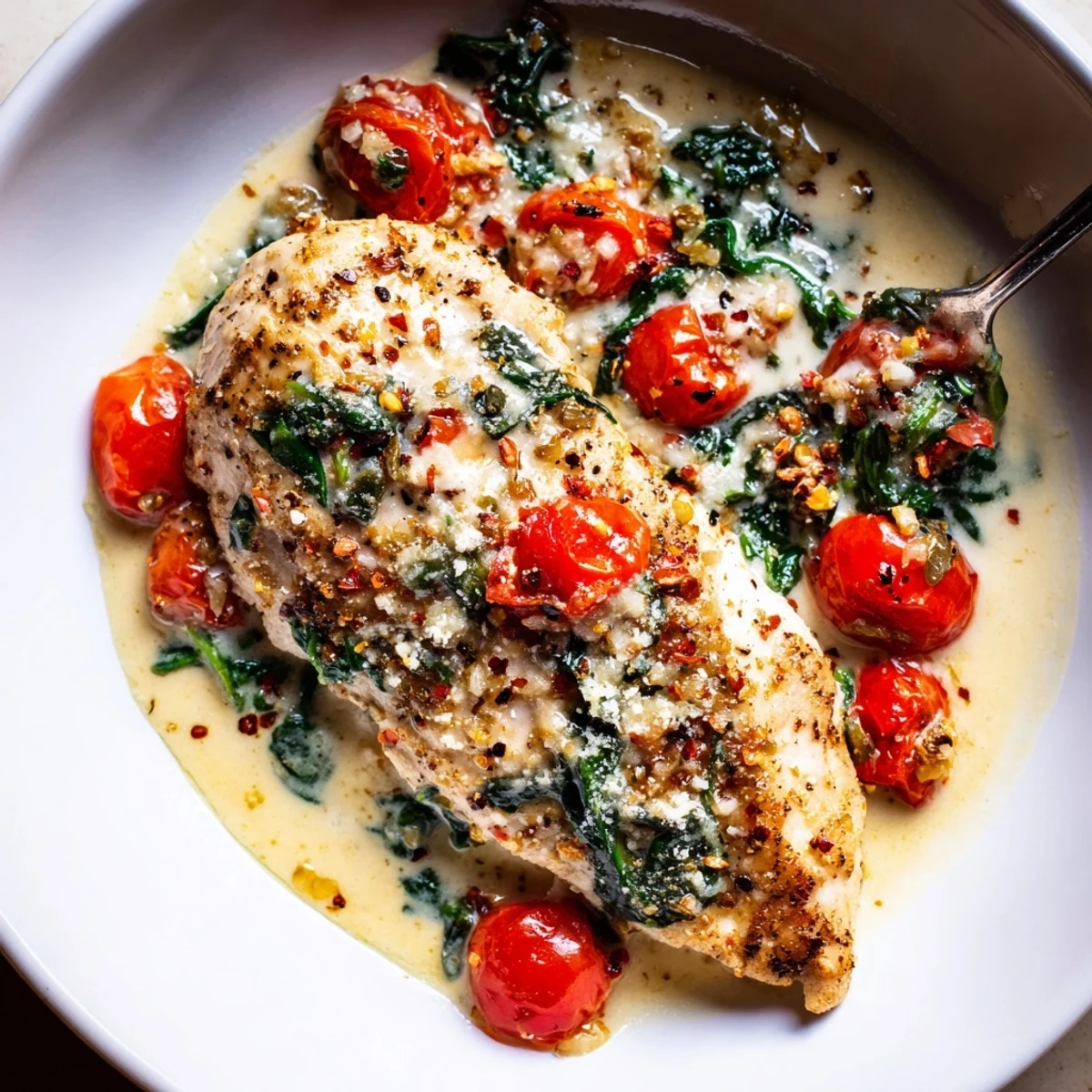 Spoonful of glossy wine sauce over pasta beside Tomato Spinach White Wine Chicken