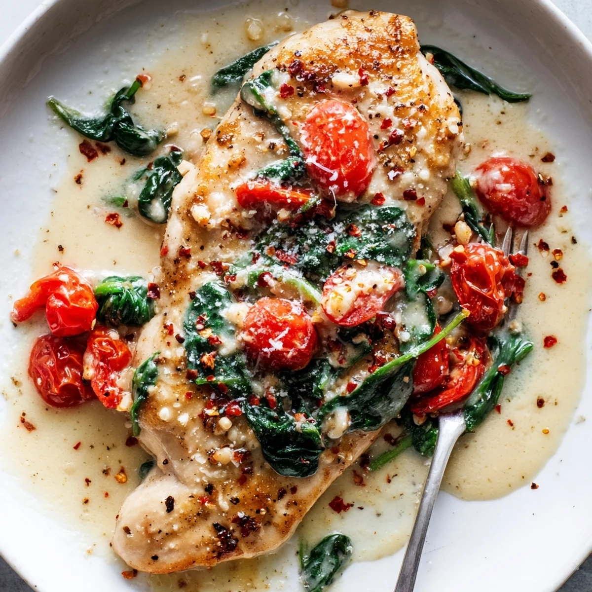 Fork-tender breasts with garlic, tomatoes, and spinach plated as Tomato Spinach White Wine Chicken