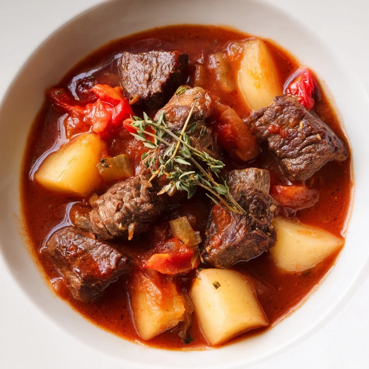 Spezzatino Di Manzo Italian Beef Stew bubbling in Dutch oven, fragrant herbs.