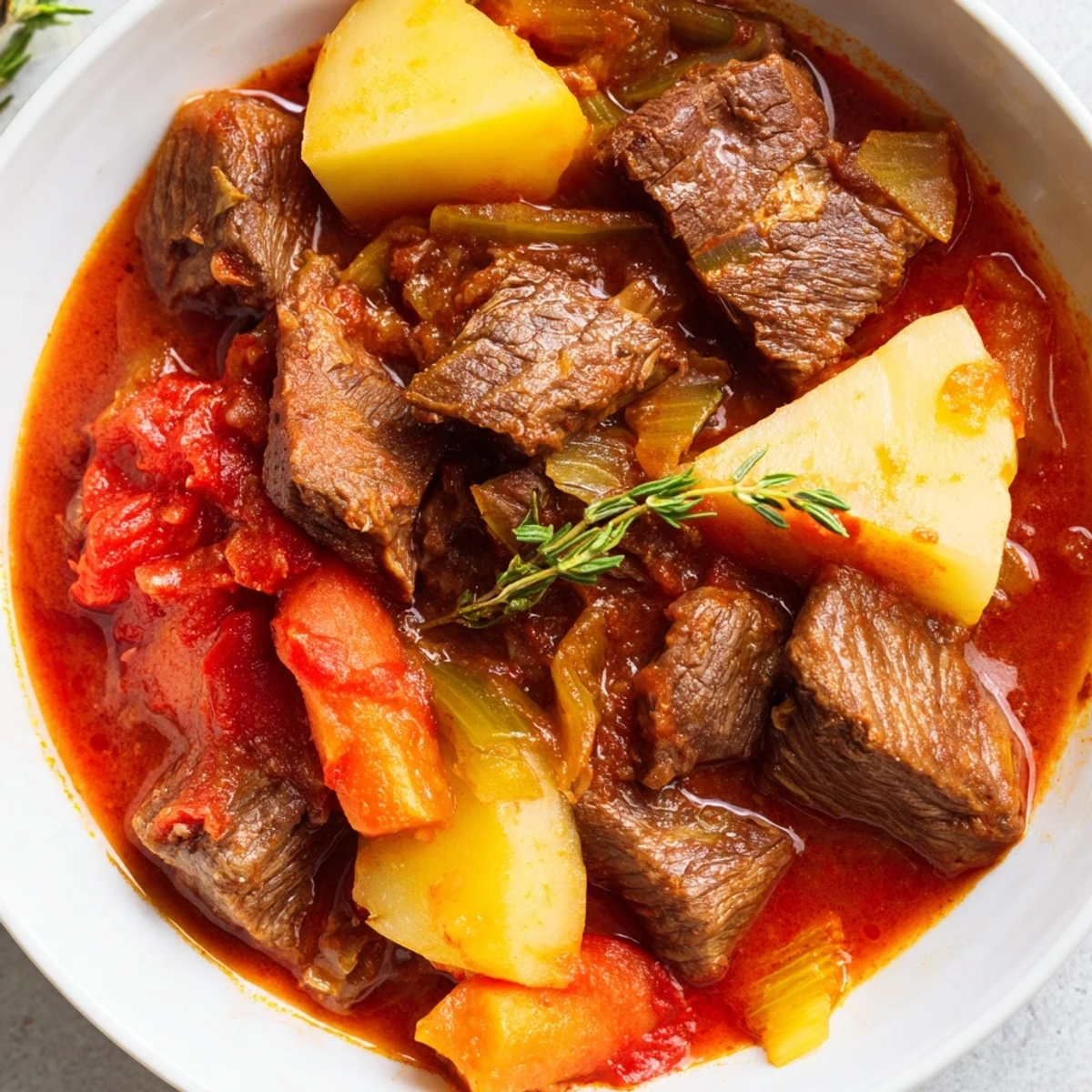 Steaming bowl of Spezzatino Di Manzo Italian Beef Stew, tender beef.