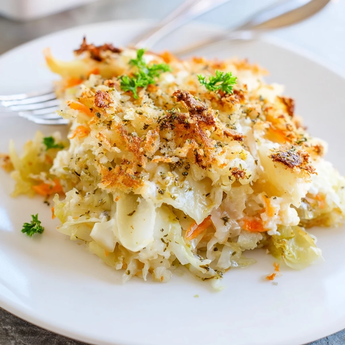 Slow Roasted Cabbage And Sauerkraut Casserole glistening with golden breadcrumb crust, steaming
