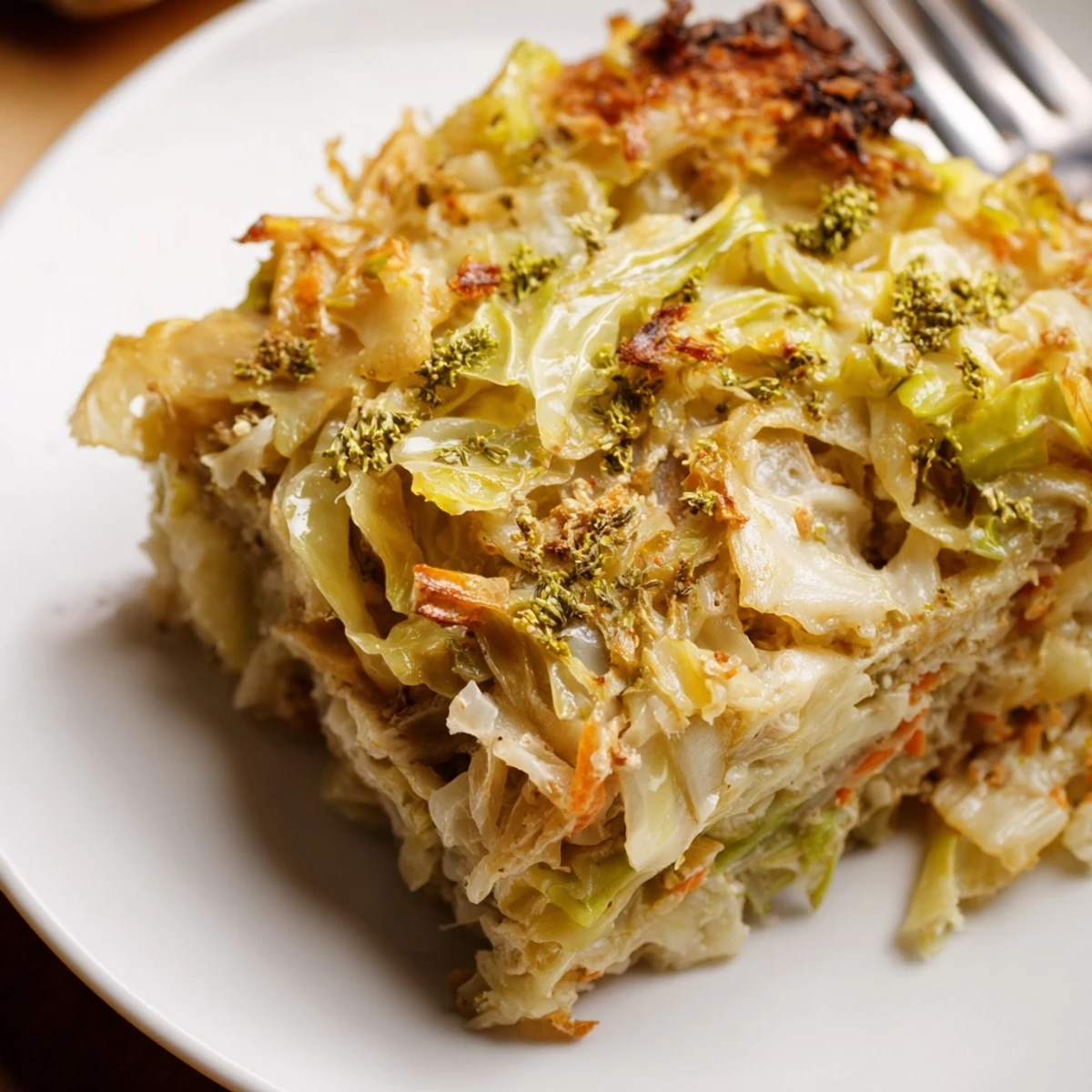 Hearty Slow Roasted Cabbage And Sauerkraut Casserole plated with rye bread, parsley