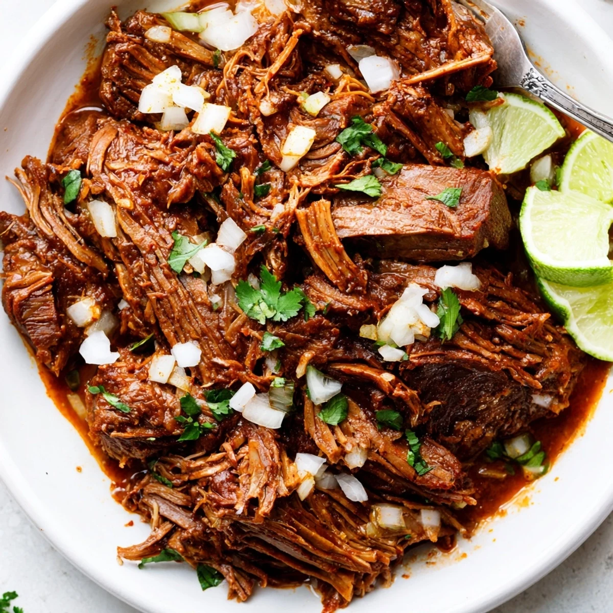 Smoky juices coat Slow Cooker Beef Barbacoa, shredded and taco-ready