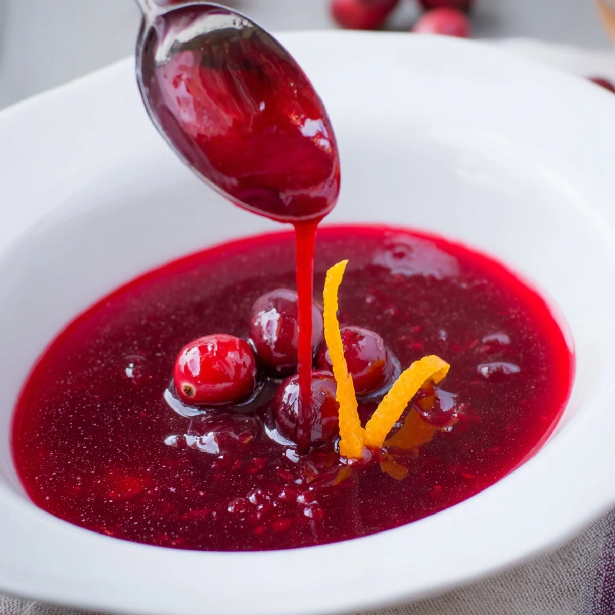 Cranberry Syrup glistening ruby red in jar, suggested for pancakes and cocktails