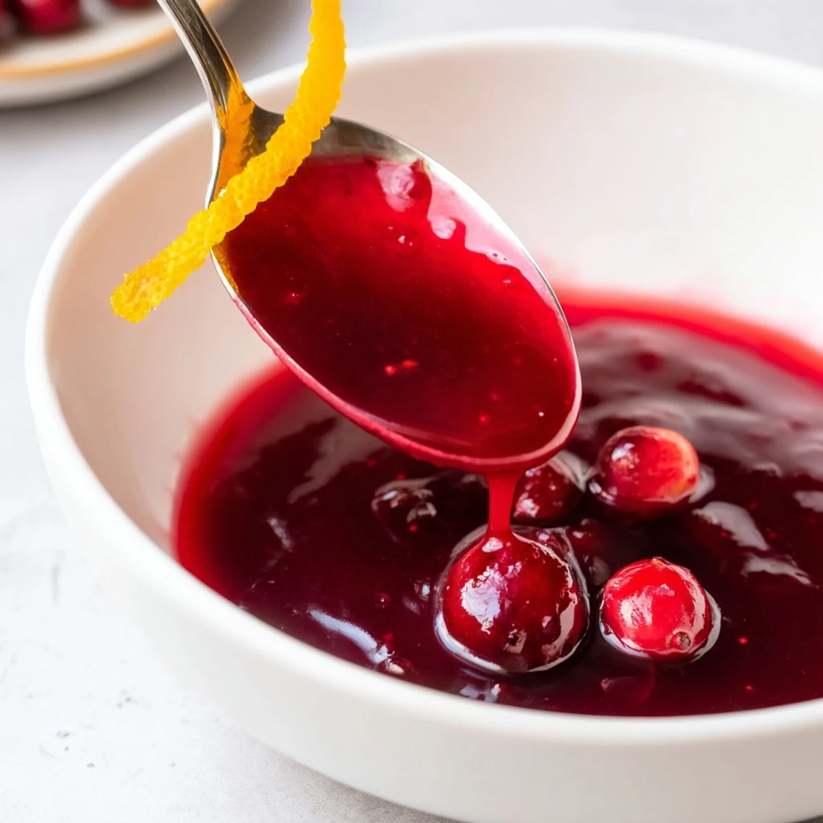 A spoon drizzling Cranberry Syrup over warm waffles, bright tart aroma