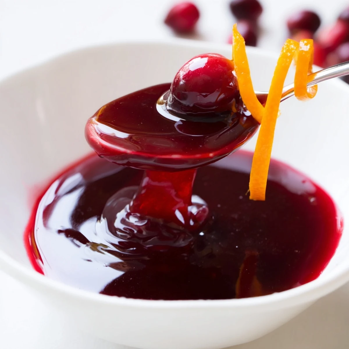 Bright tangy sweet Cranberry Syrup spooned over vanilla ice cream, inviting contrast