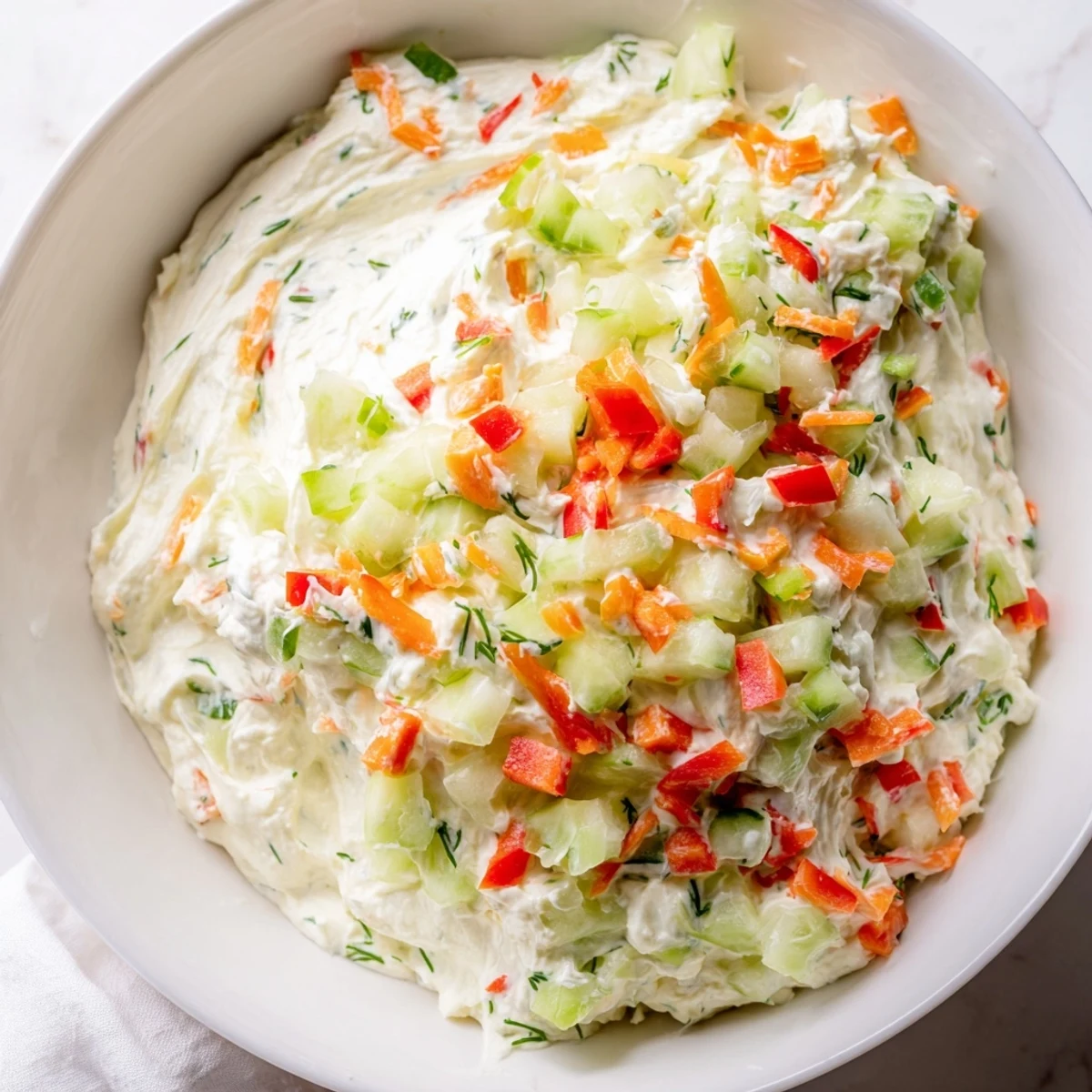 Garden Vegetable Spread Recipe: creamy, herb-studded dip served with crisp crackers.