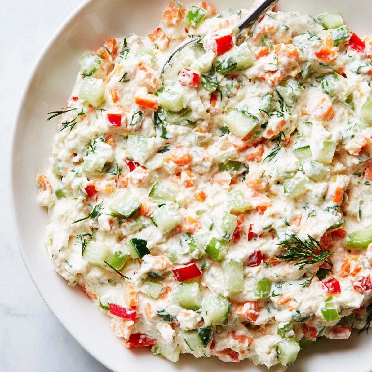 Chilled Garden Vegetable Spread Recipe spooned onto toasted baguette, tangy lemon hint.