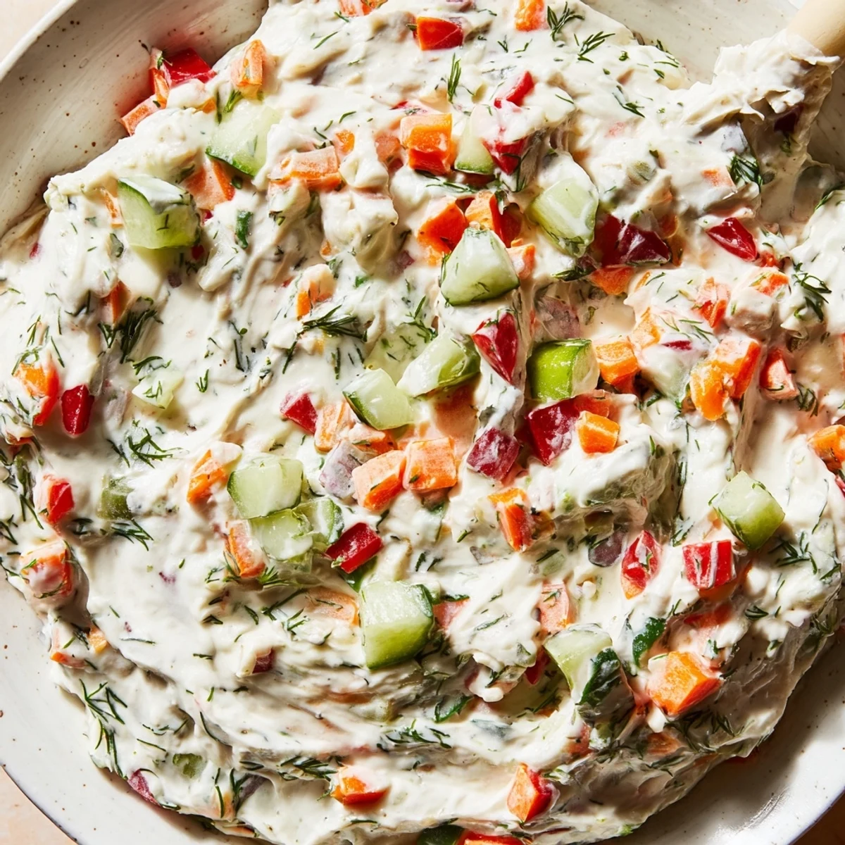 Bright, crunchy Garden Vegetable Spread Recipe folded into cream cheese for sandwiches.