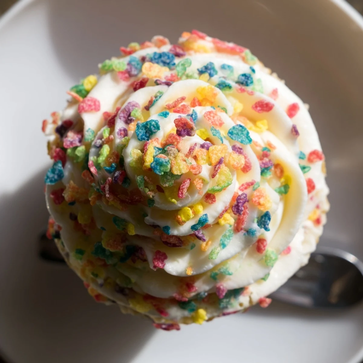 A spoonful of Fruity Pebbles Cereal Frosting, bright, creamy with crispy bite.
