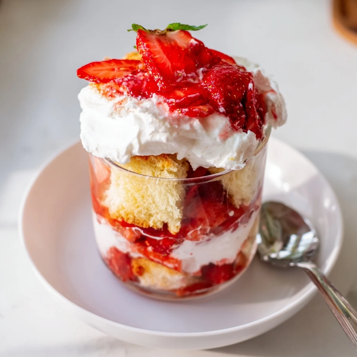Strawberry Shortcake Trifles layered in clear glasses, juicy strawberries and pillowy cream