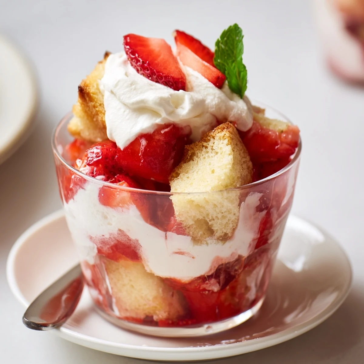 Individual Strawberry Shortcake Trifles with golden shortcake pieces and macerated berries