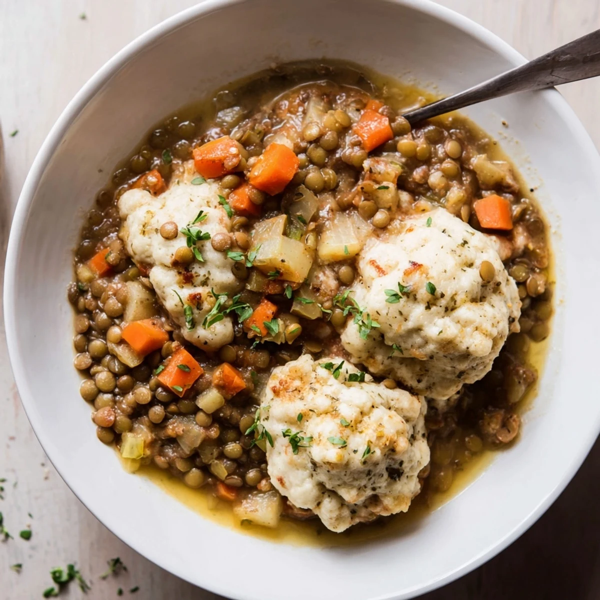 Lentils With Dumplings steaming in a bowl, fluffy pillows floating in broth.