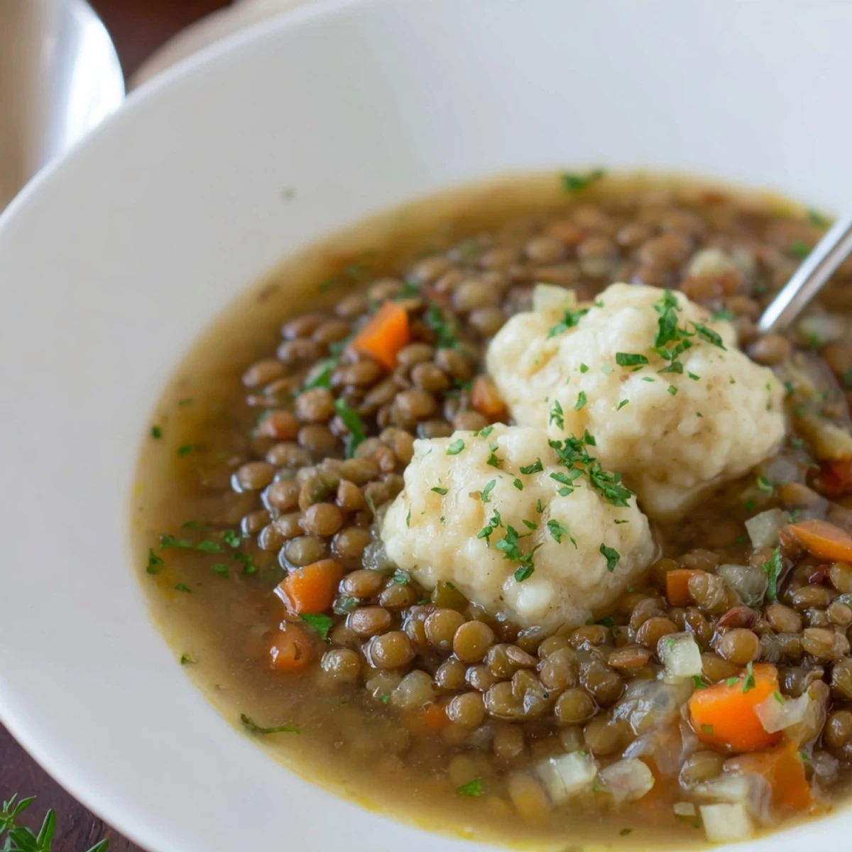Hearty Lentils With Dumplings topped with parsley, spoon-ready, warm and comforting.