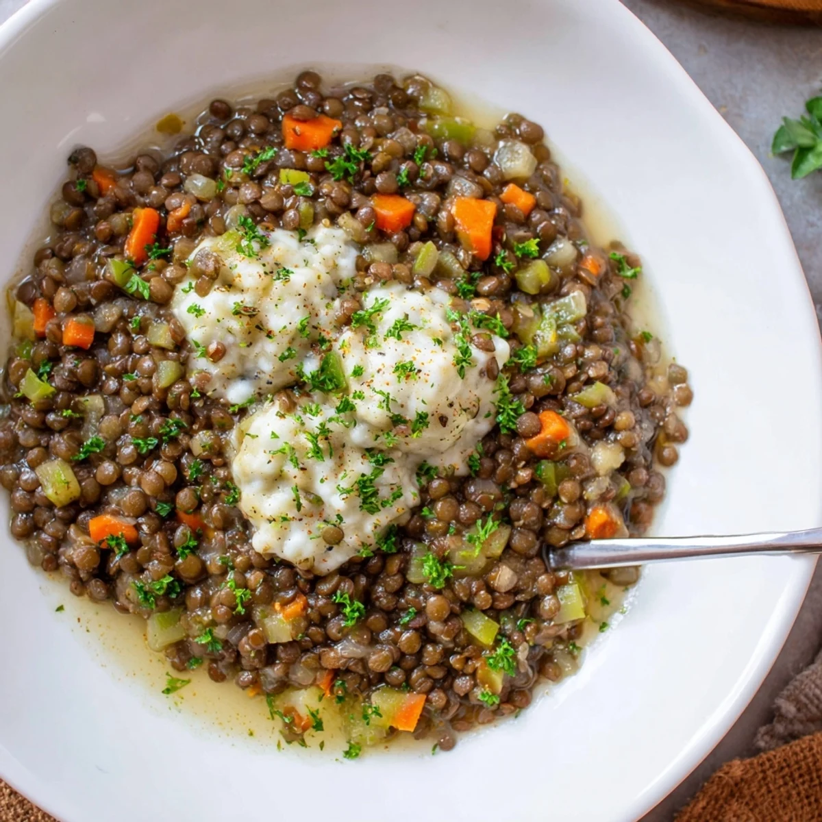 Rustic Lentils With Dumplings simmering on stove, aromatic thyme and smoked paprika.