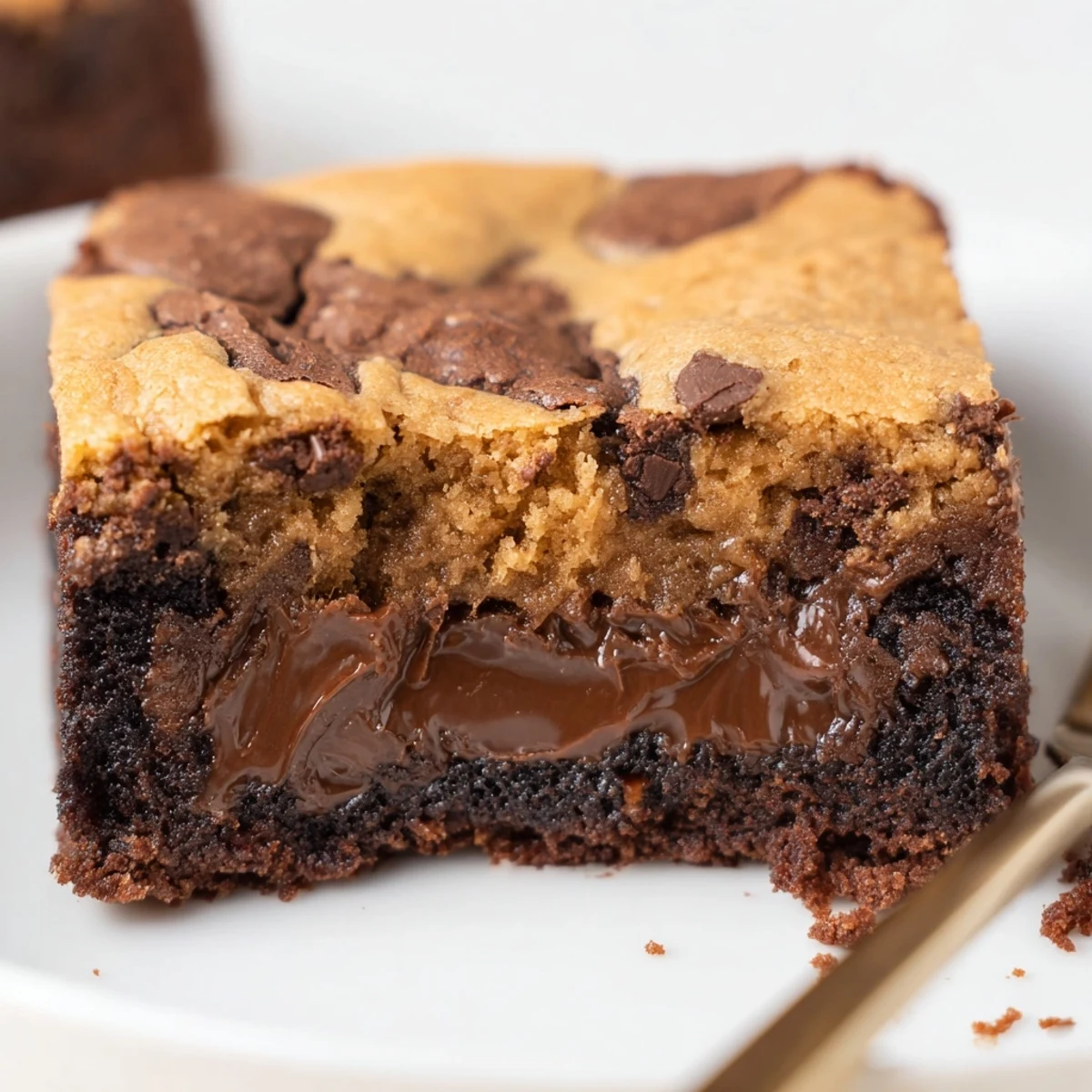 Sliced Fudgy Chewy Brookies Recipe served with melting vanilla ice cream, crumbly edges
