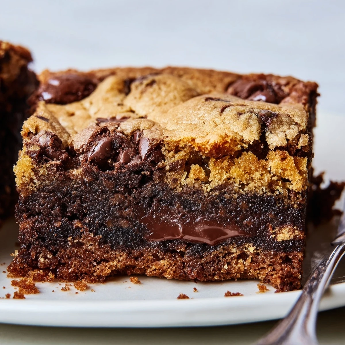 Freshly baked Fudgy Chewy Brookies Recipe cooling in pan, fudgy brownie swirls visible