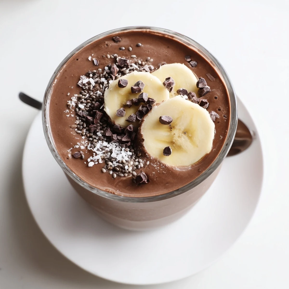 Creamy Raw Chocolate Banana Shake in glass, garnished with sliced banana and cacao nibs