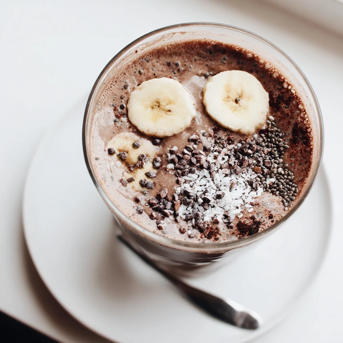 Velvety Raw Chocolate Banana Shake blended with almond milk, served cold breakfast treat