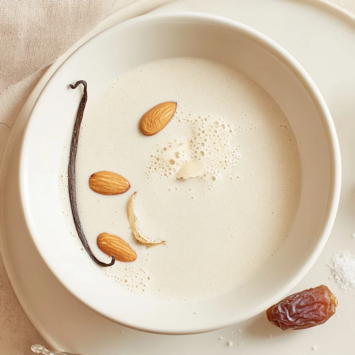 Glass bottle of chilled Almond milk with condensation, poured beside almonds.