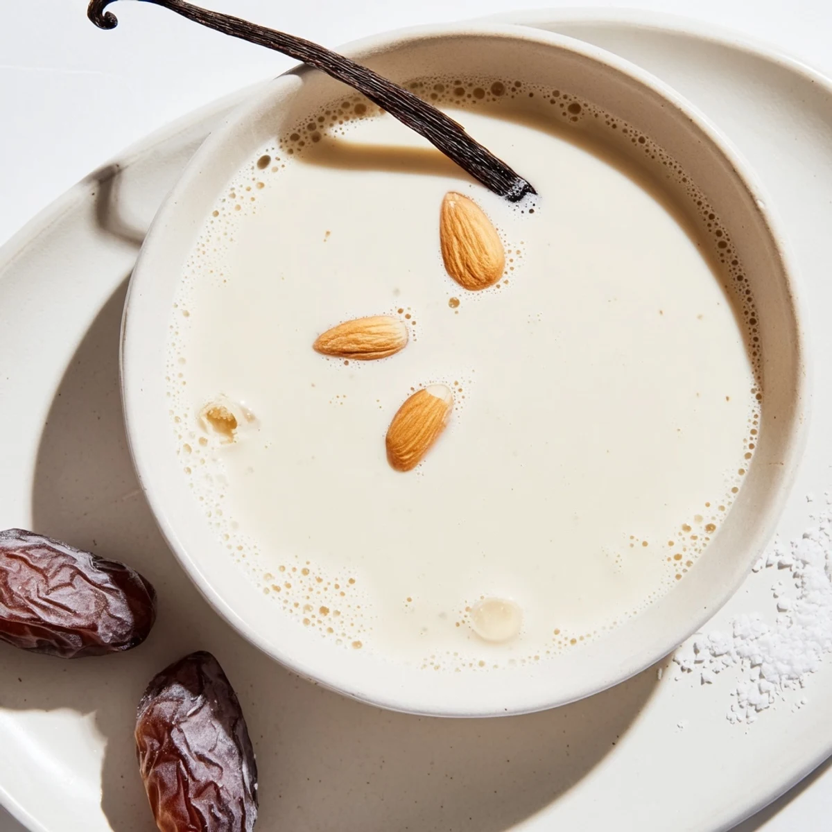 Creamy homemade Almond milk in mason jar, ready for coffee or cereal.