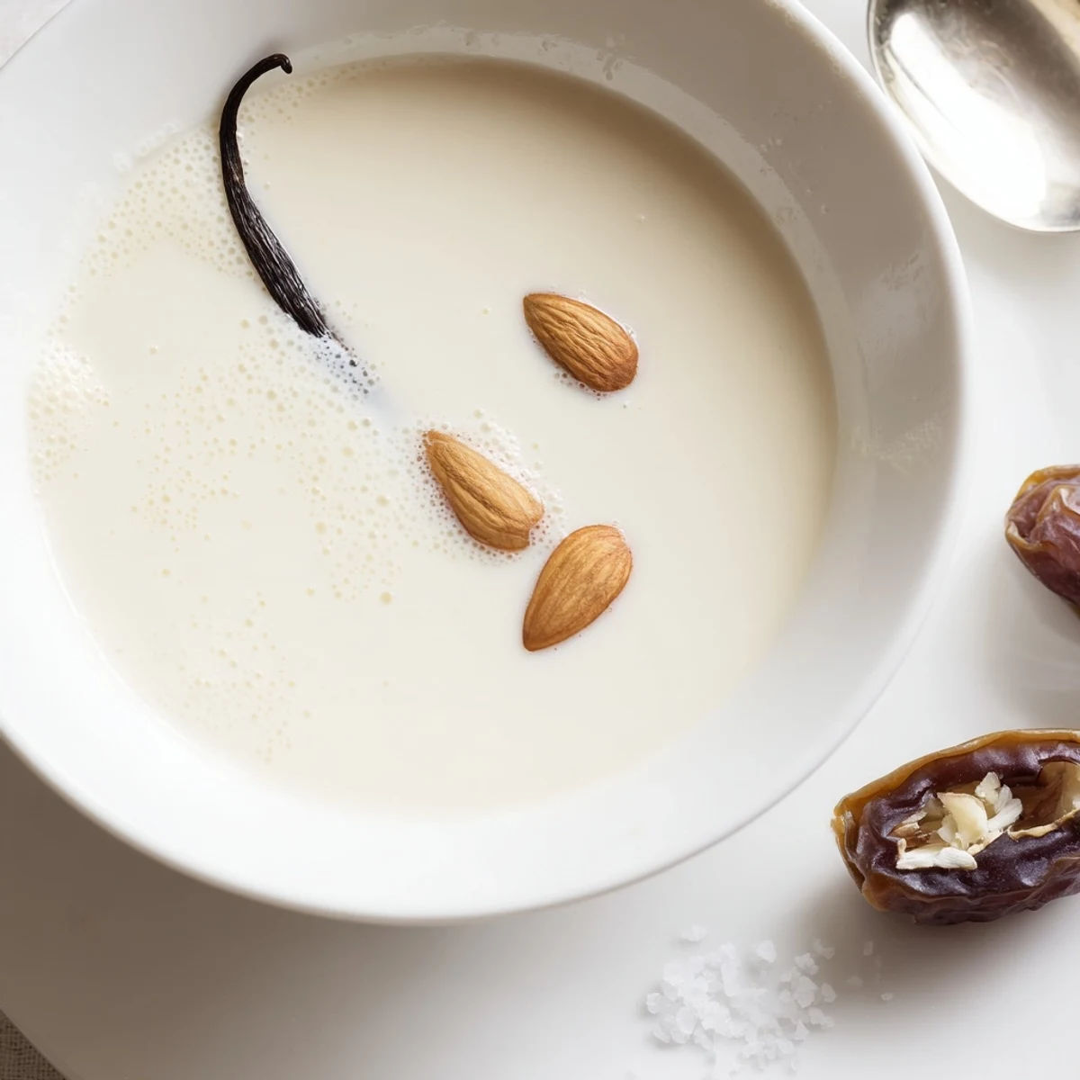 Straining freshly blended Almond milk through cheesecloth, pale ivory liquid collecting.