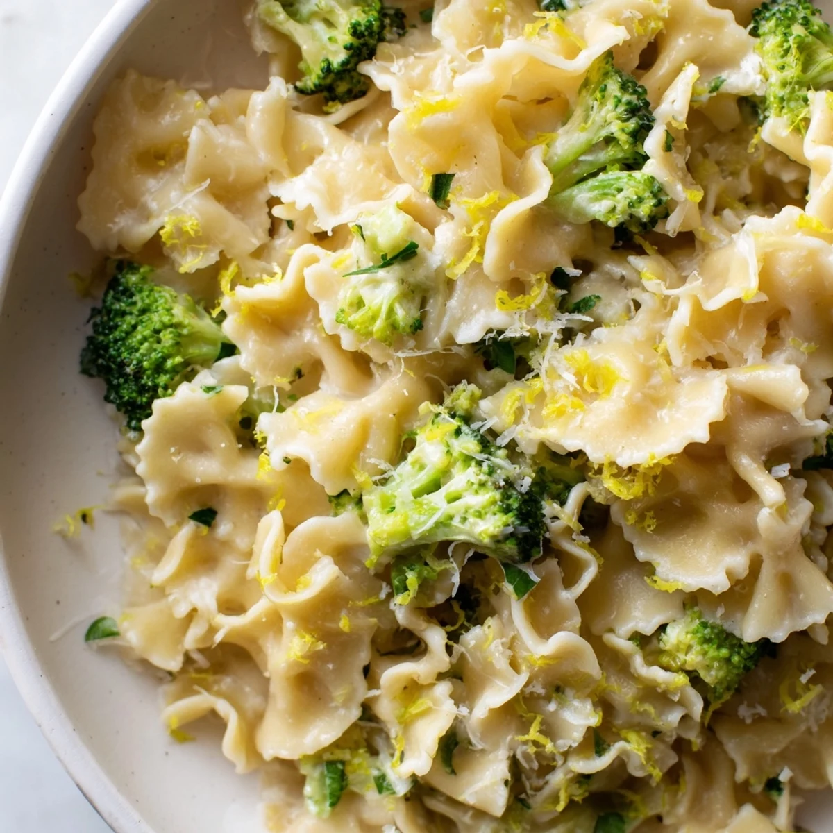 Creamy Mafaldine Pasta Limone Broccoli tossed with tender florets and bright lemon parmesan sauce