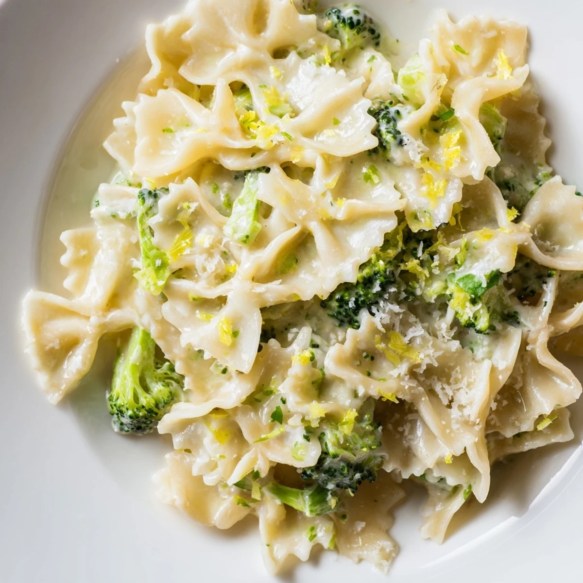Steaming bowl of Mafaldine Pasta Limone Broccoli garnished with fresh herbs and grated Parmesan