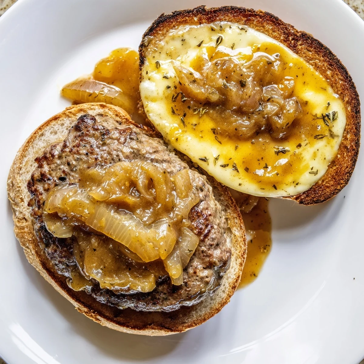 Juicy smothered hamburger steak sandwiches dripping with savory onion gravy on toasted rolls