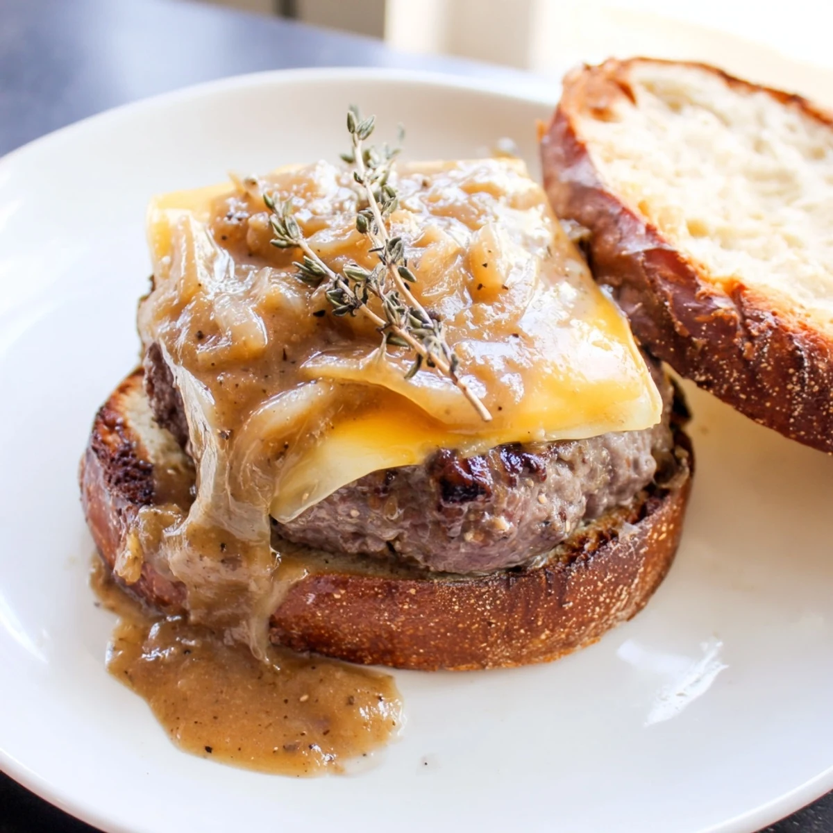 Golden toasted buns piled high with tender hamburger steaks and rich caramelized onion gravy