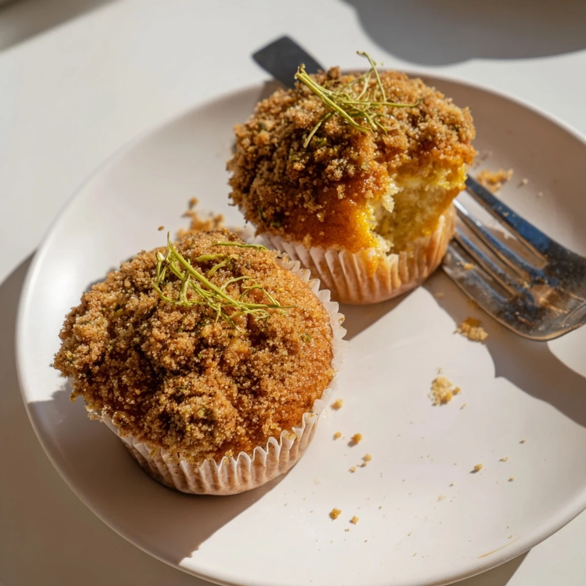 Golden lemon orange honey muffins with thyme crumble fresh from the oven