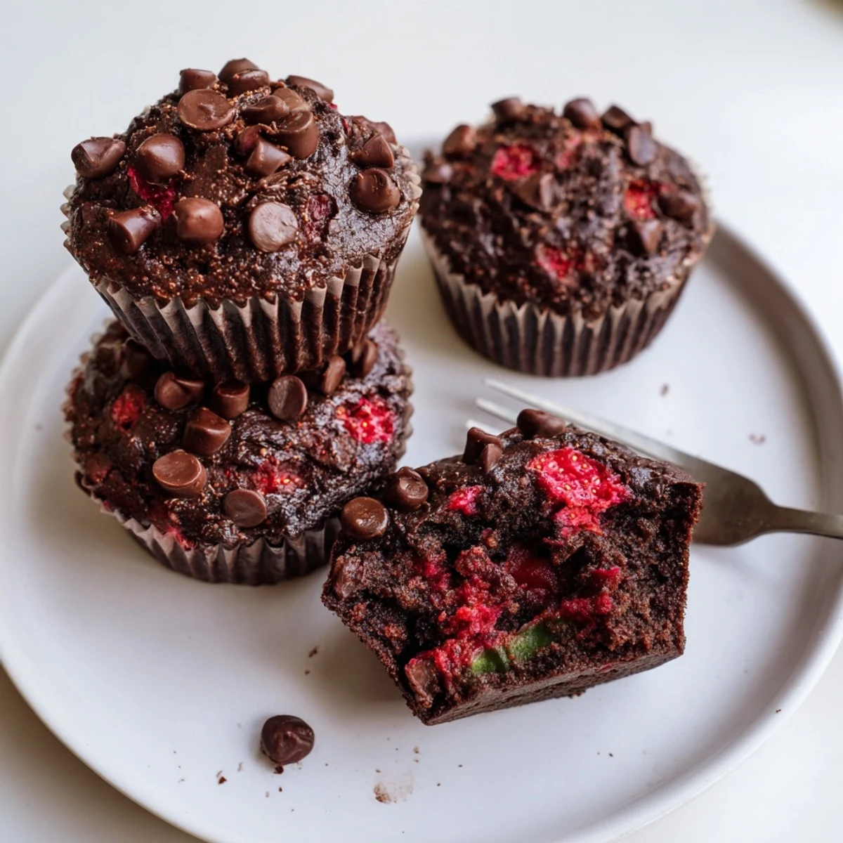 Chocolate zucchini strawberry muffins with gooey chocolate chips on a rustic wire rack