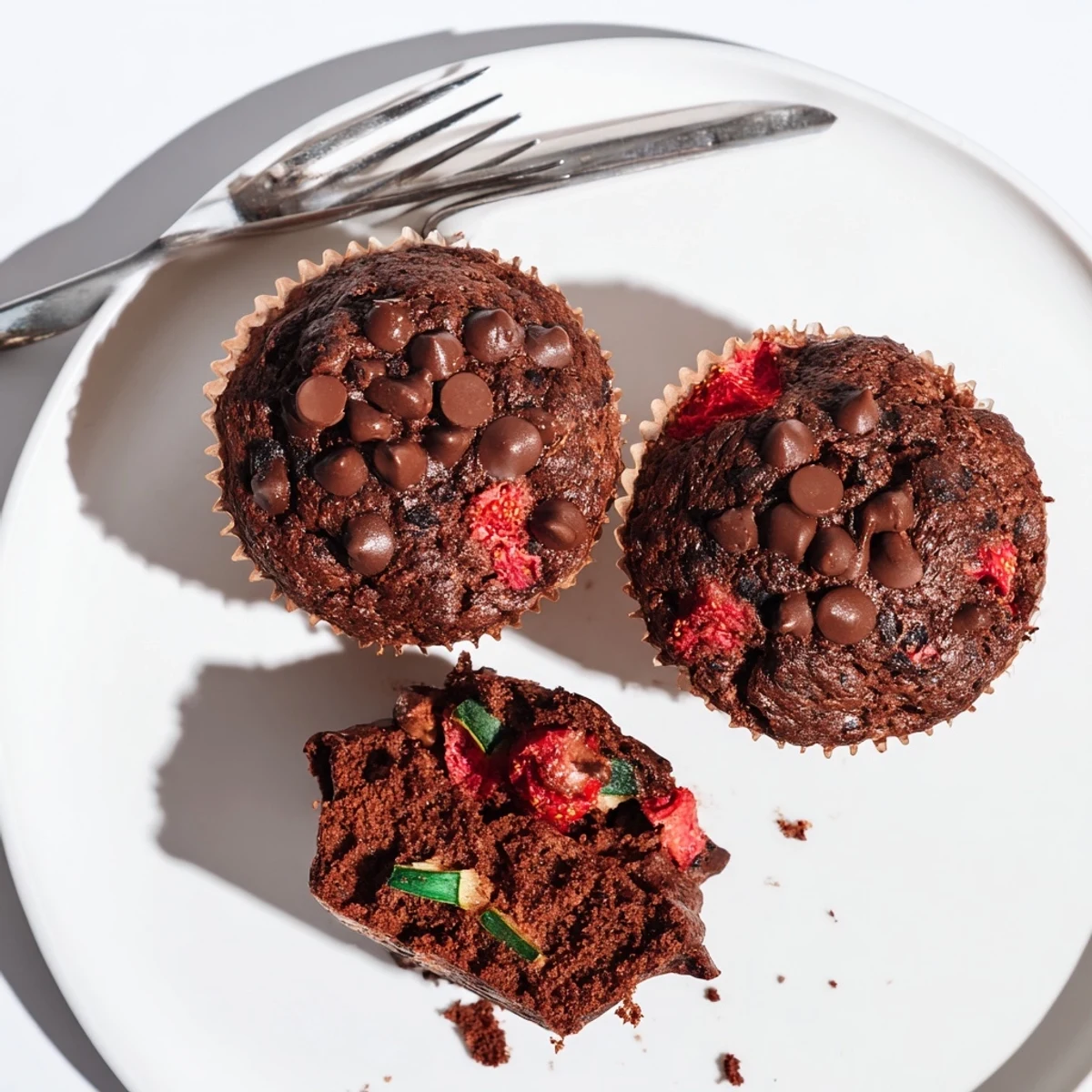 Fresh strawberry pieces peek through this rich chocolate zucchini strawberry muffin close-up