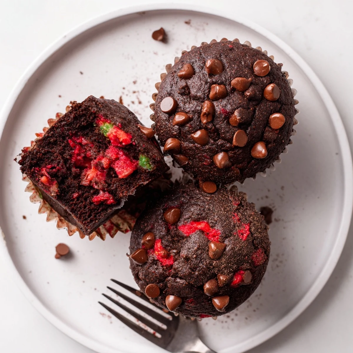 Golden-topped chocolate zucchini strawberry muffins arranged on a white plate with powdered sugar