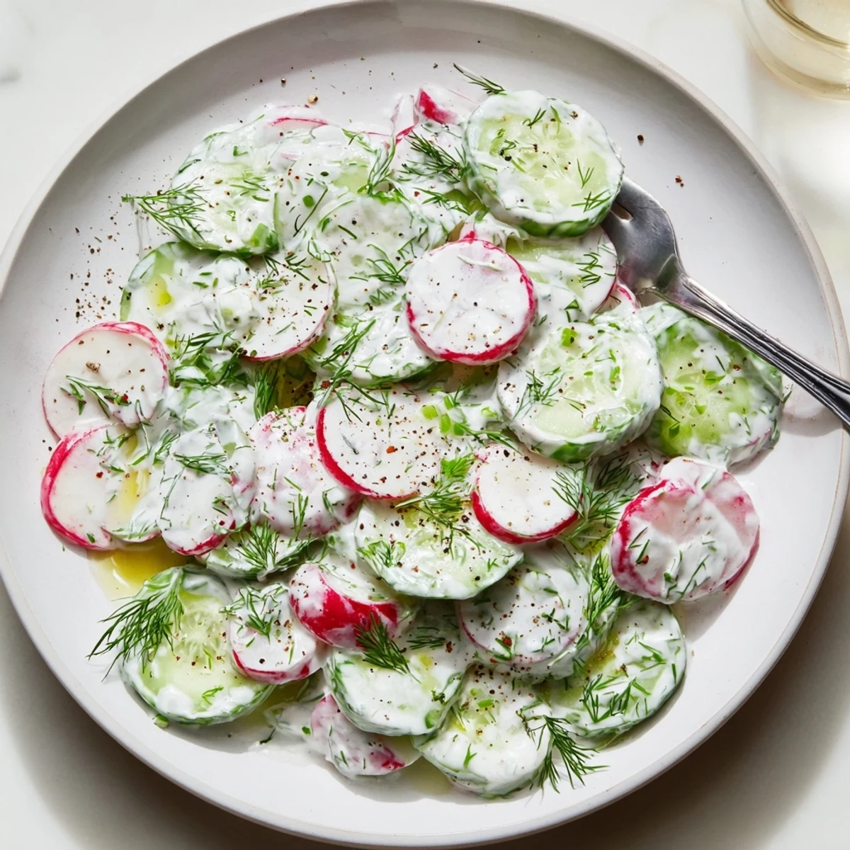 Creamy cucumber radish yogurt dill salad in a rustic white serving bowl